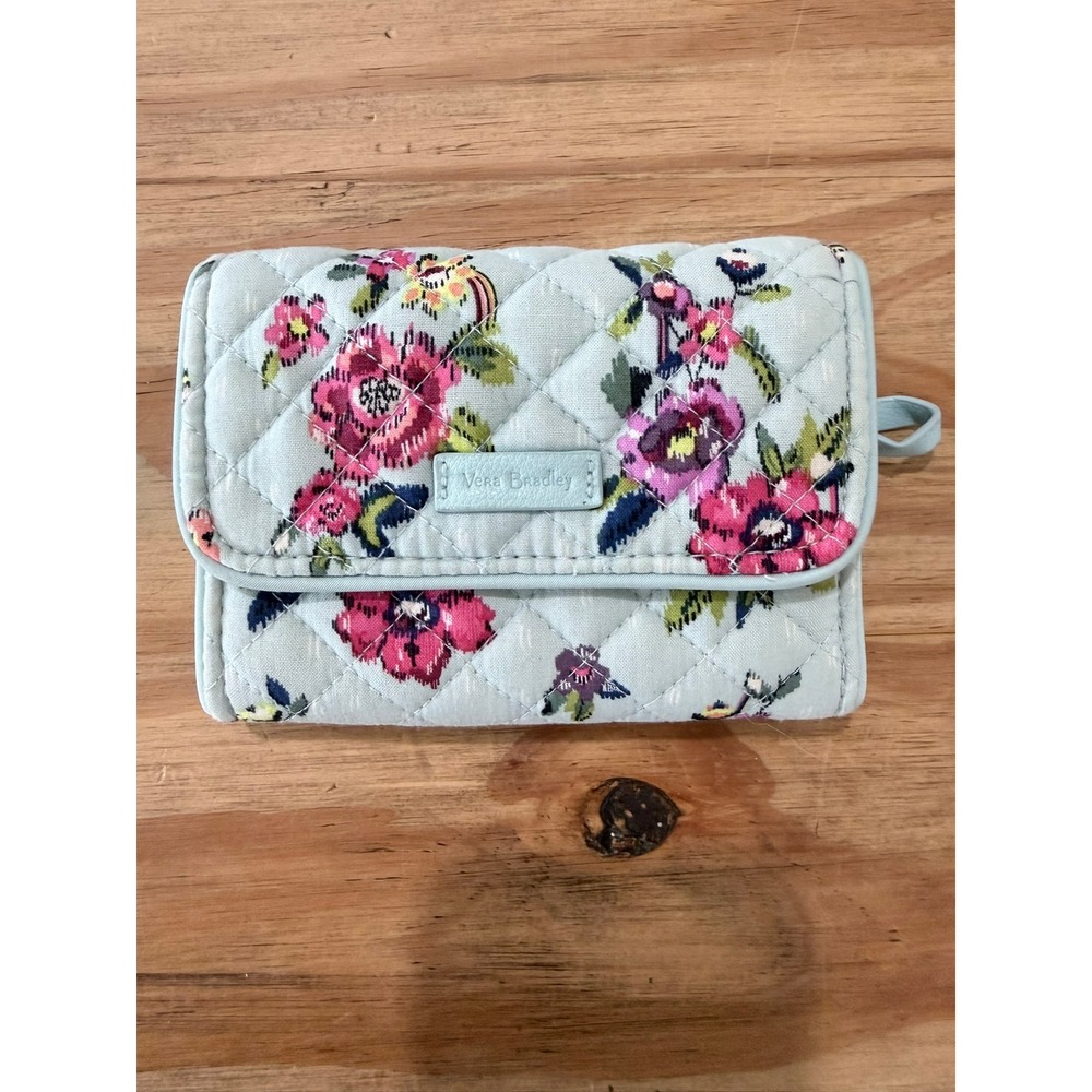 P- 011- Vera Bradley Quilted Floral Trifold Wallet Light Blue Pink 22868-L83